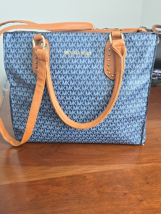 Michael Kors Handbags - Michael Kors Navy 💙 MK Logo Tote with Tan Handles, Excellent Condition!